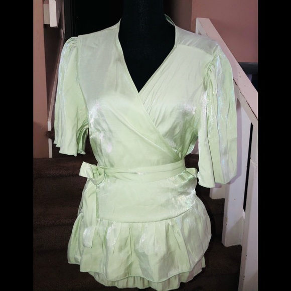 SHEIN Tops - Mint Green Shimmering Wrap Blouse Side Tie